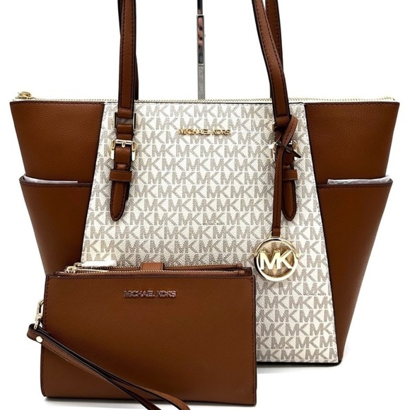 Michael Kors Handbags - Michael Kors Large Charlotte Tote Bag & Large Double Zip Wallet Vanilla/Brown